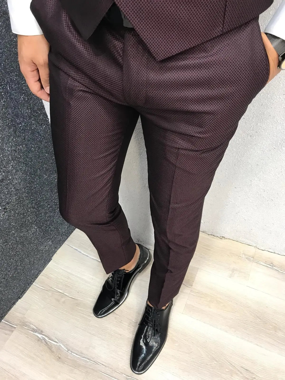 Acacia Claret Red Slim Fit Tuxedo - BRABION