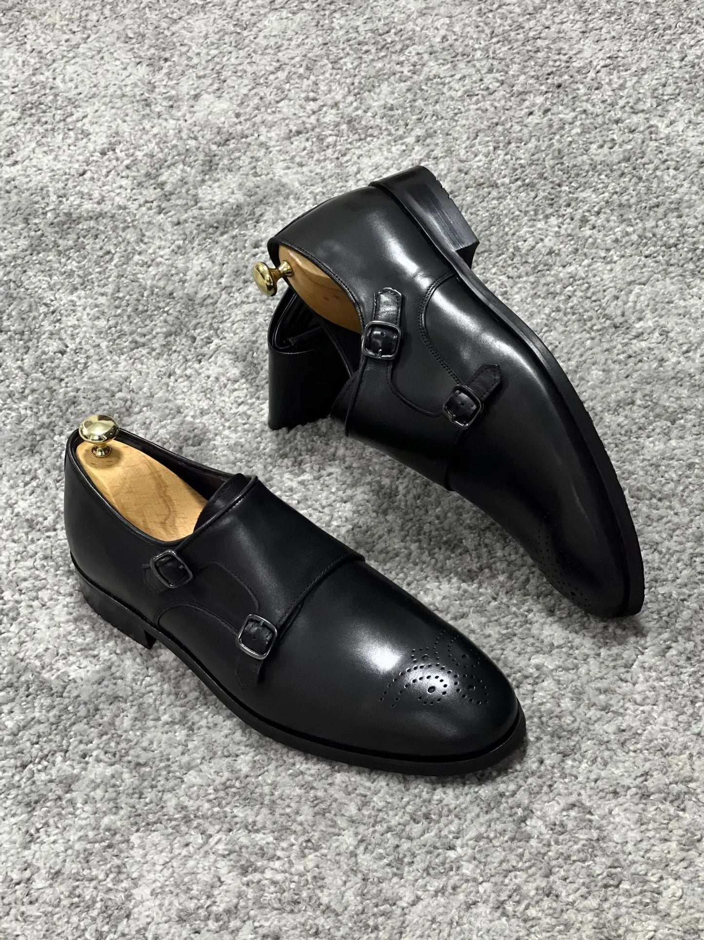 Lenzi Special Edition Neolite Sole Double Monk Stap Black Shoes - BRABION