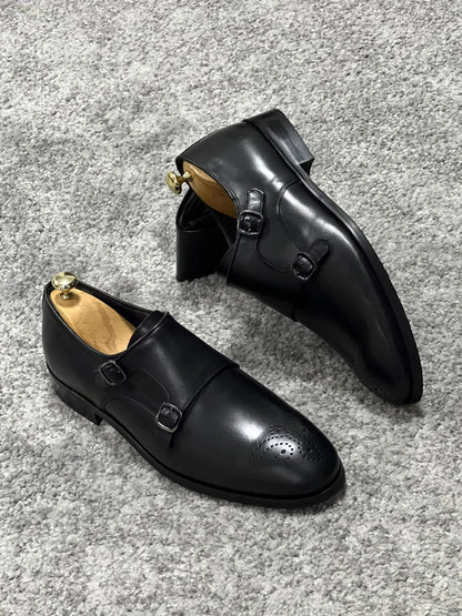 Lenzi Special Edition Neolite Sole Double Monk Stap Black Shoes - BRABION