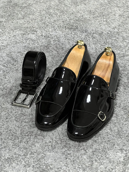 Lenzi Special Edition Neolite Sole Double Monk Shiney Leather Black Shoes - BRABION