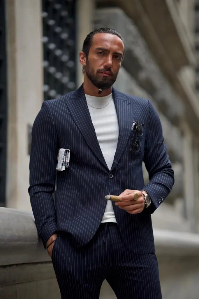 Sorento Dark Blue Slim Fit Double Breasted Pinstripe Suit brabion