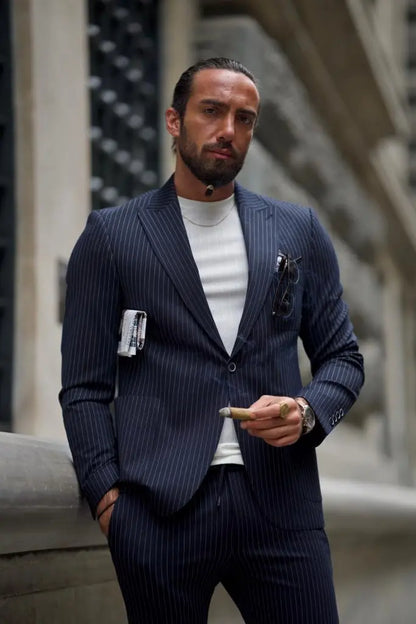 Sorento Dark Blue Slim Fit Double Breasted Pinstripe Suit brabion