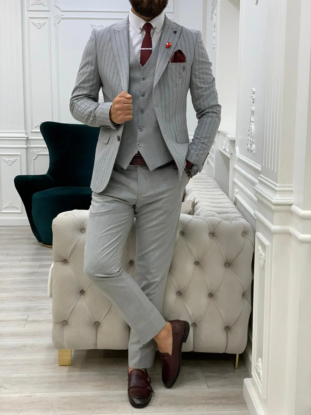 Lambrusco Dark Gray Slim Fit Peak Lapel Striped Suit - BRABION