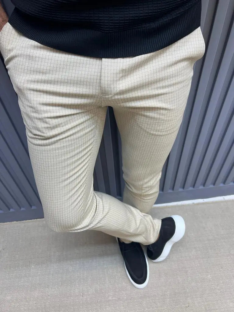 Sorento Beige Slim Fit Plaid Cotton Pants - BRABION