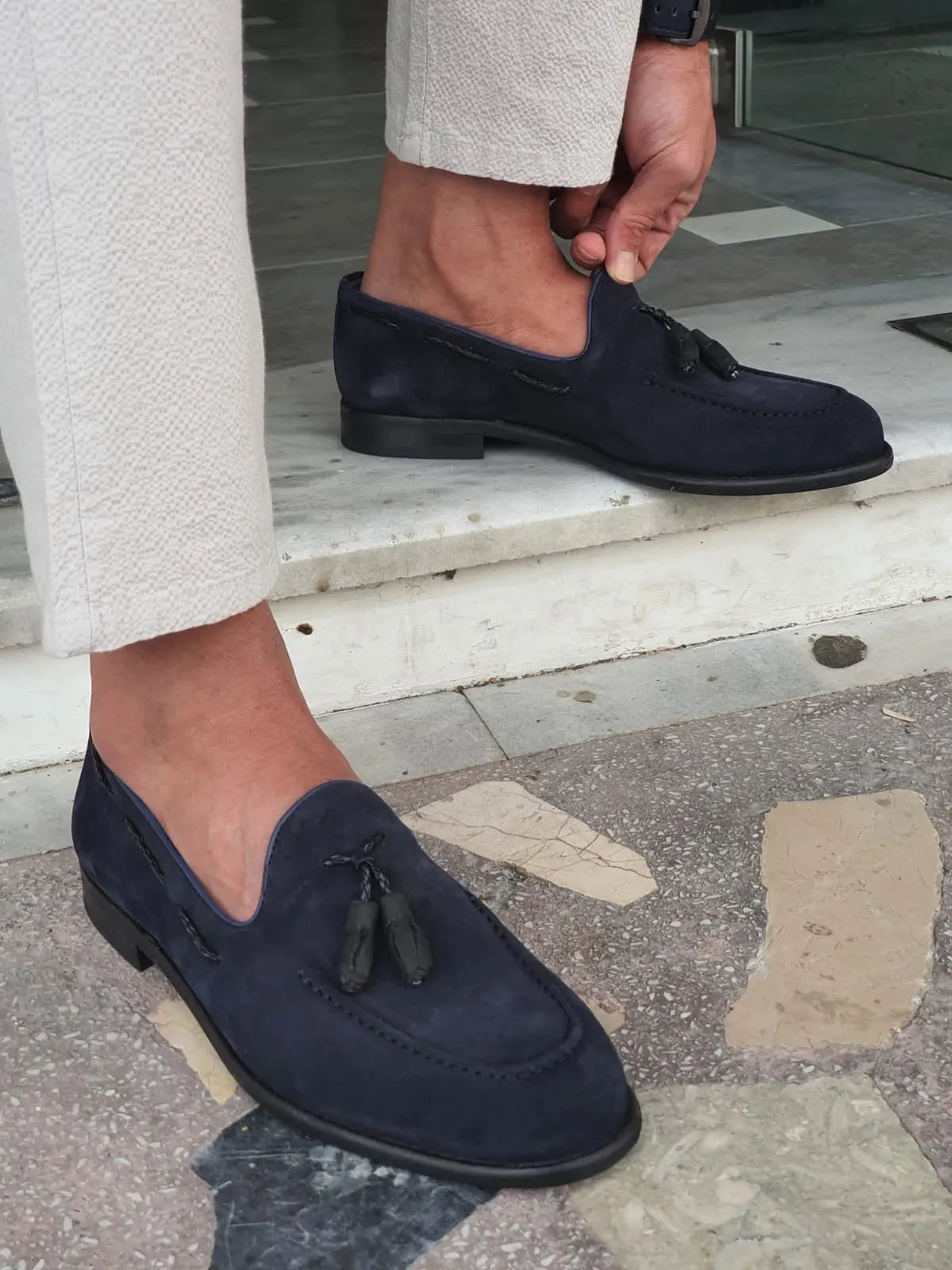 Bristol Navy Blue Suede Tassel Loafers - BRABION
