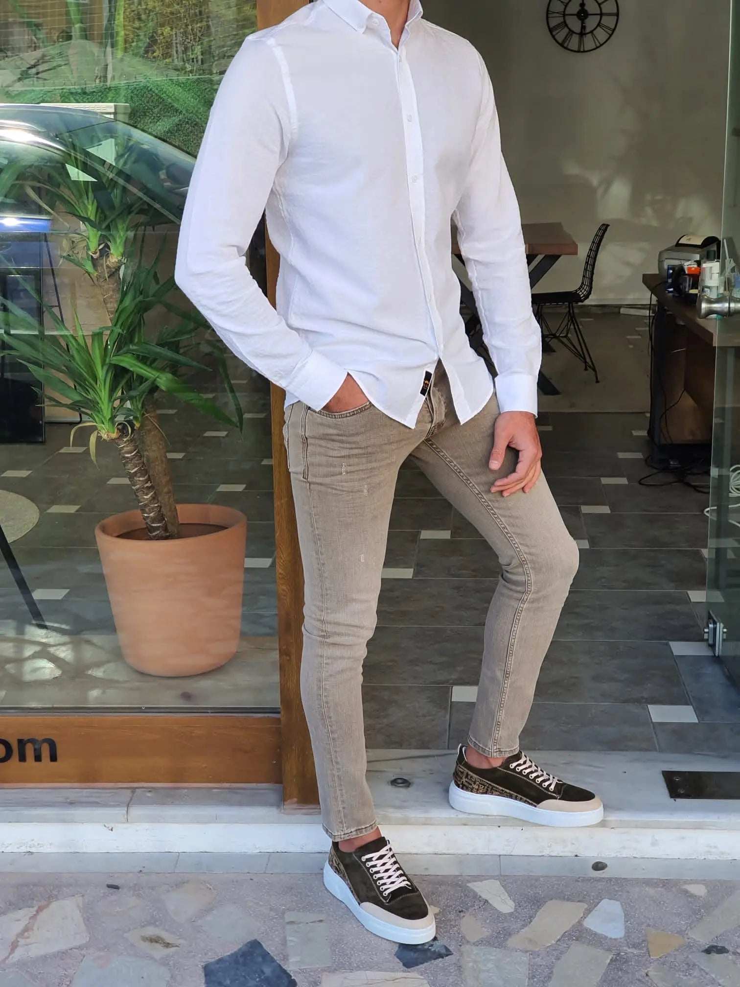 Brabion Aron White Slim Fit Long Sleeve Cotton Shirt - BRABION