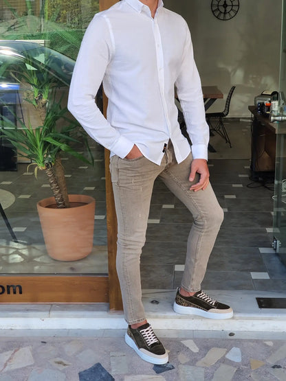 Brabion Aron White Slim Fit Long Sleeve Cotton Shirt - BRABION