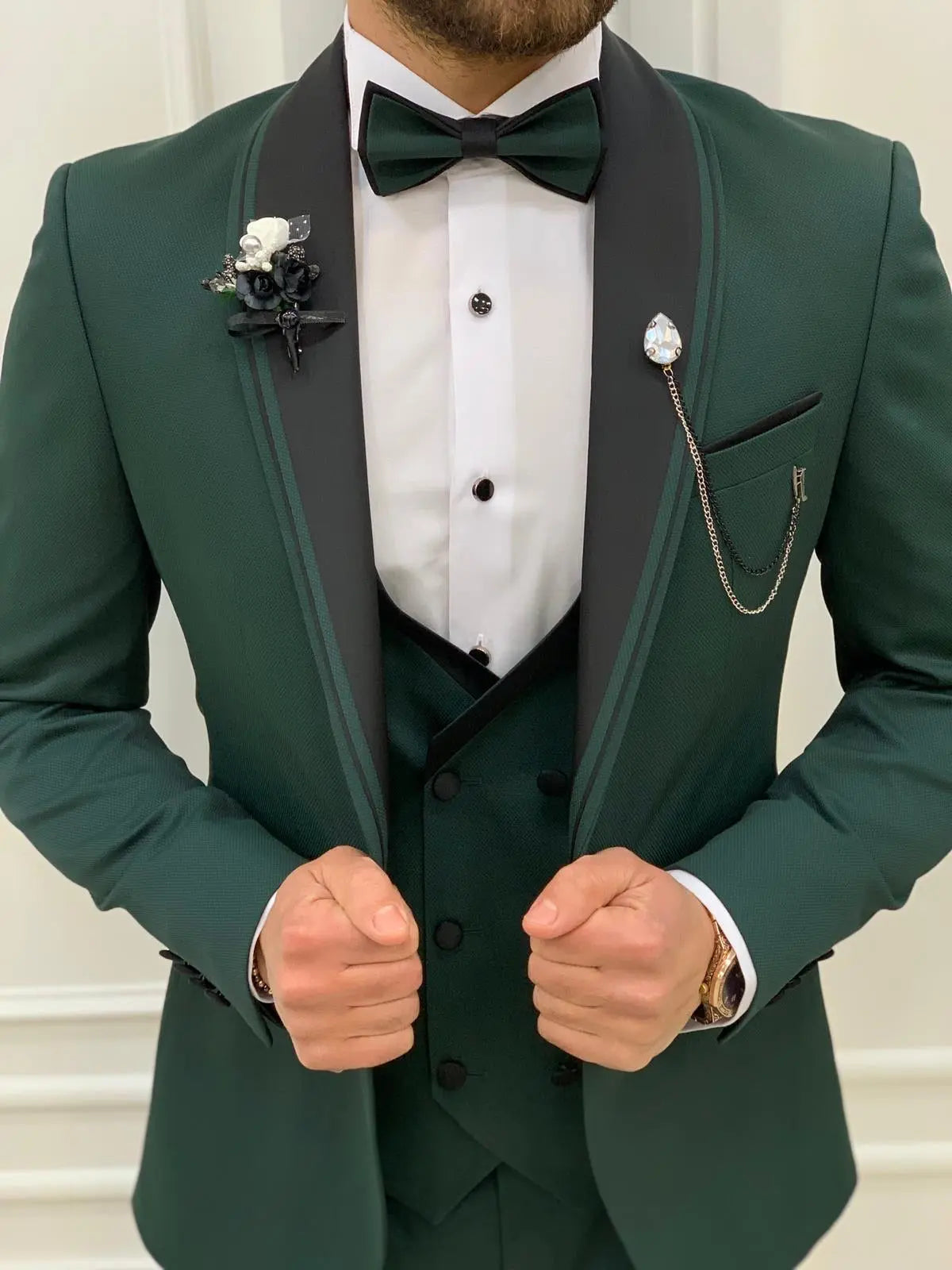 Torino Green Slim Fit Velvet Peak Lapel Tuxedo - BRABION