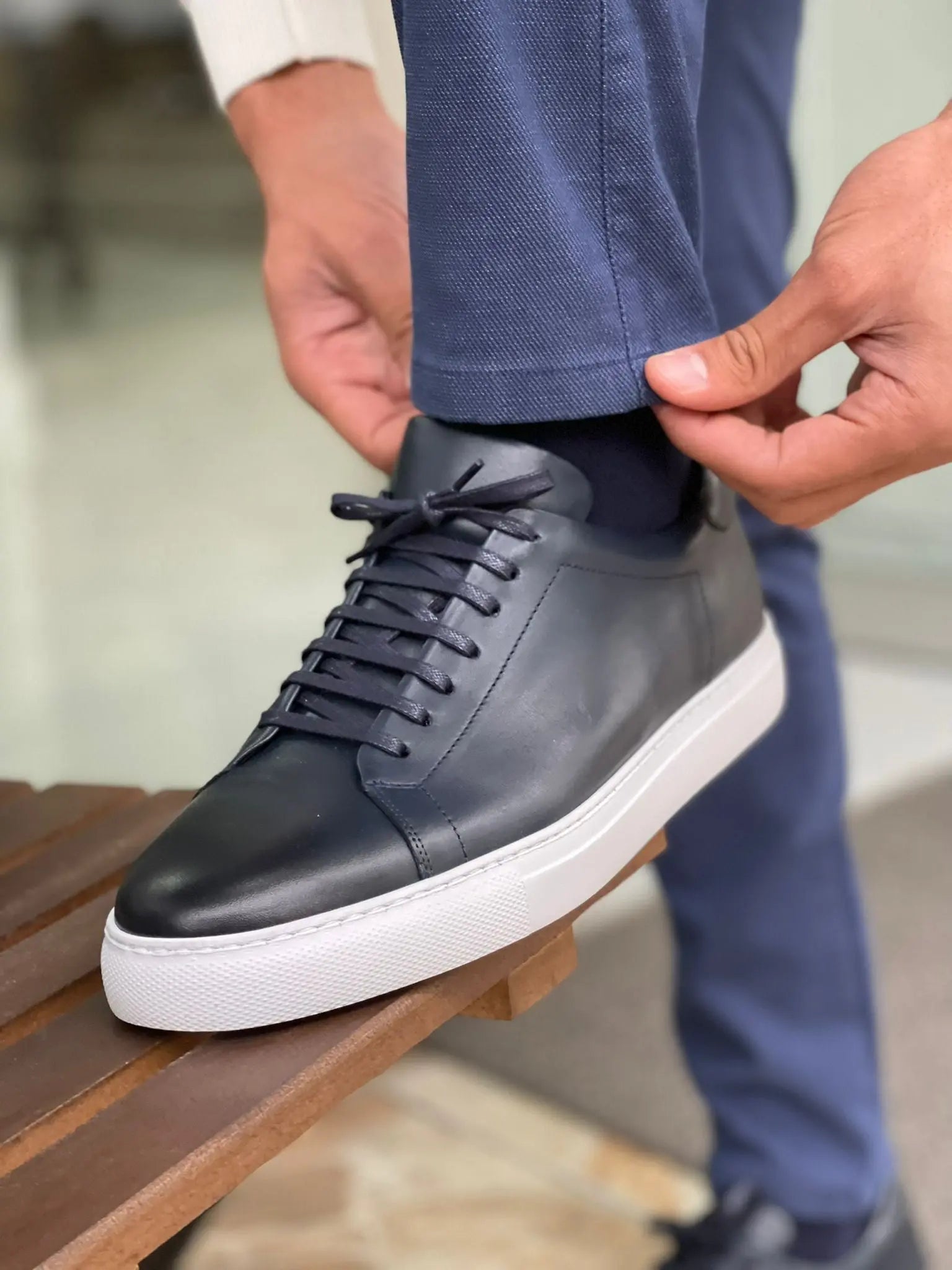 Martin Navy Blue Lace-Up Mid-Top Sneakers: The Perfect Blend of Style and Comfort - BRABION