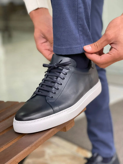 Martin Navy Blue Lace-Up Mid-Top Sneakers: The Perfect Blend of Style and Comfort - BRABION