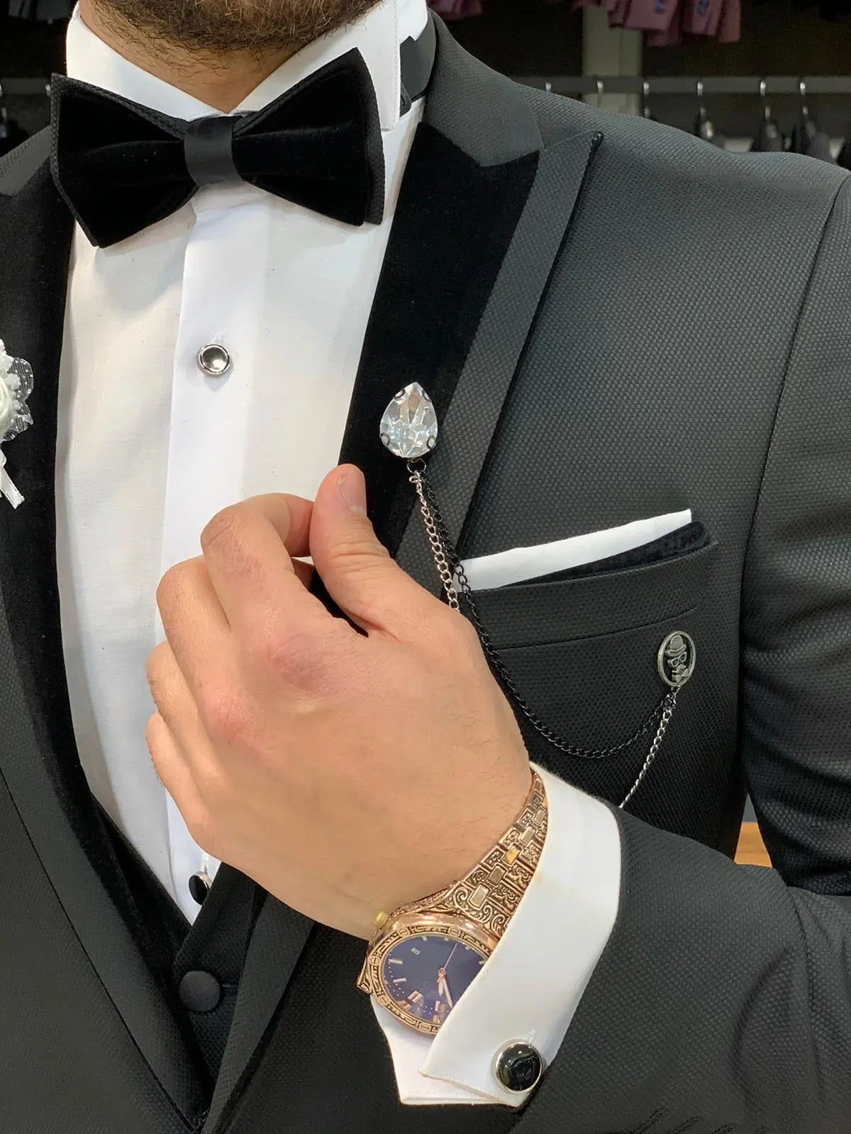 Keene Black Velvet Peak Lapel Tuxedo - The Pinnacle of Formal Elegance - BRABION