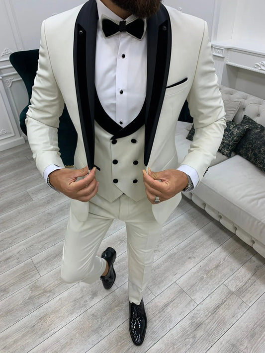 Ventura White Slim Fit Shawl Lapel Tuxedo - BRABION