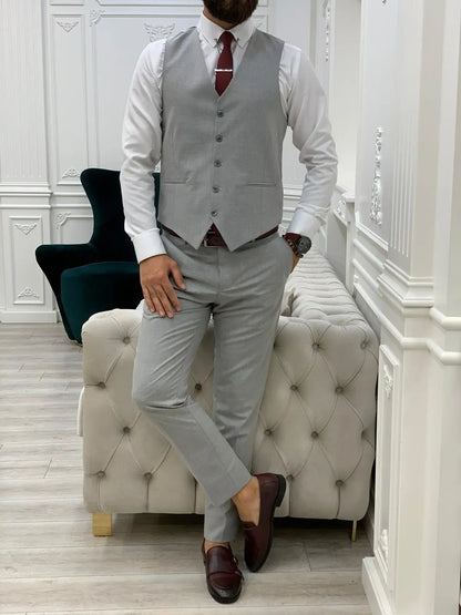 Lambrusco Dark Gray Slim Fit Peak Lapel Striped Suit - BRABION