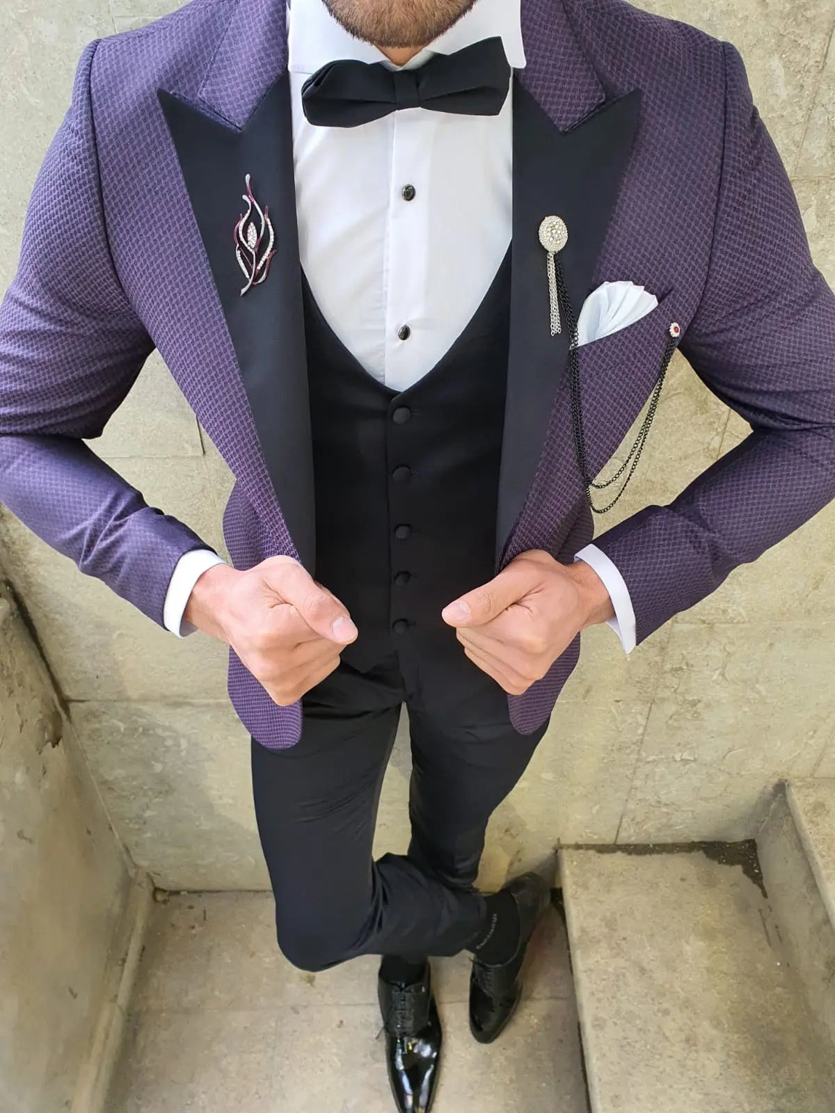 VillaNova Purple Slim Fit Patterned Tuxedo - BRABION