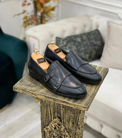 Louise Black Double Monk Strap Loafers - Elegant Leather Footwear for Every Occasion - BRABION
