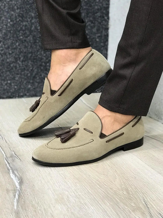 Tassel Suede Leather Cream Loafers - BRABION