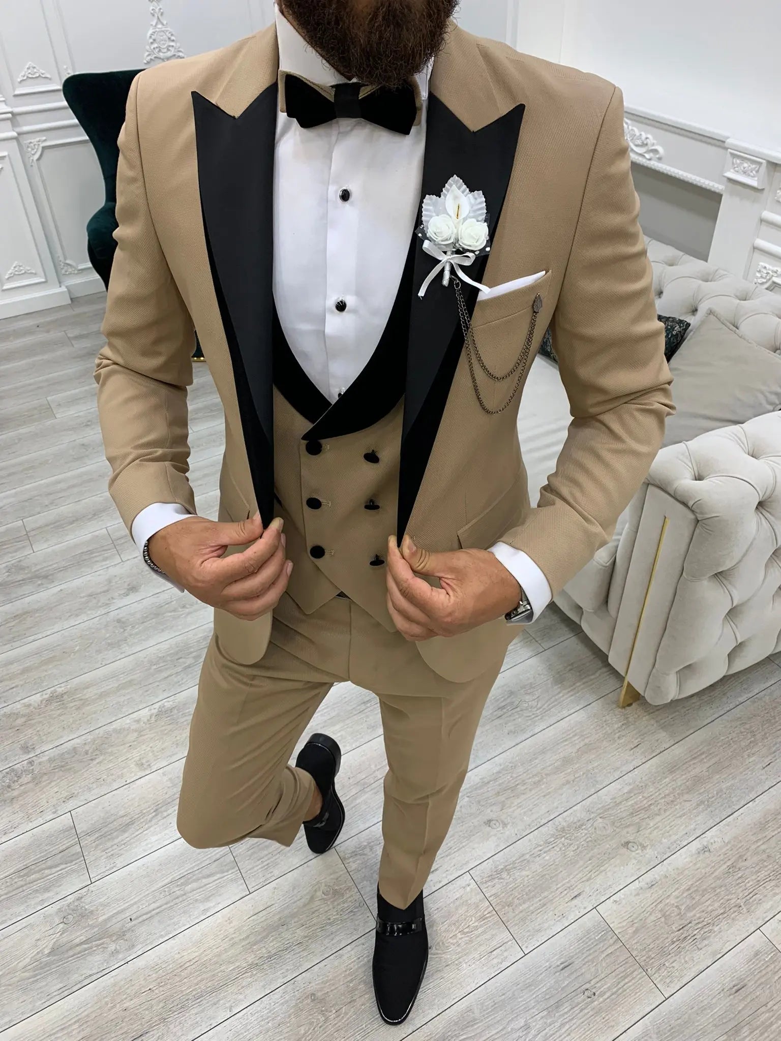 Mark Golden Slim Fit Velvet Peak Lapel Tuxedo - BRABION