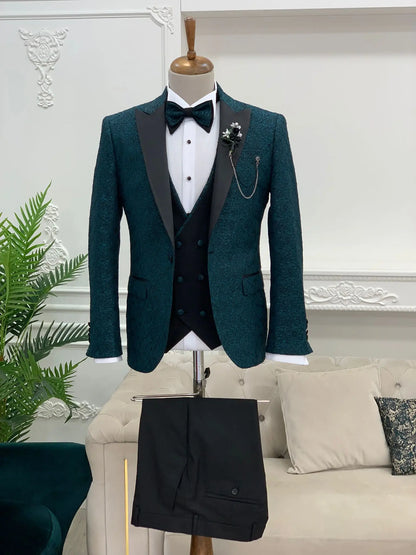 Caesar Green Slim Fit Peak Lapel Floral Patterned Tuxedo - BRABION