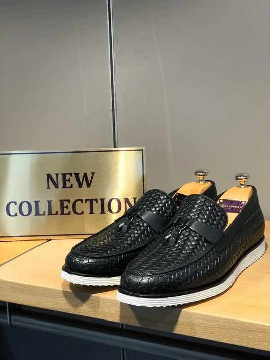 Odessa Black Woven Leather Tassel Loafer - BRABION
