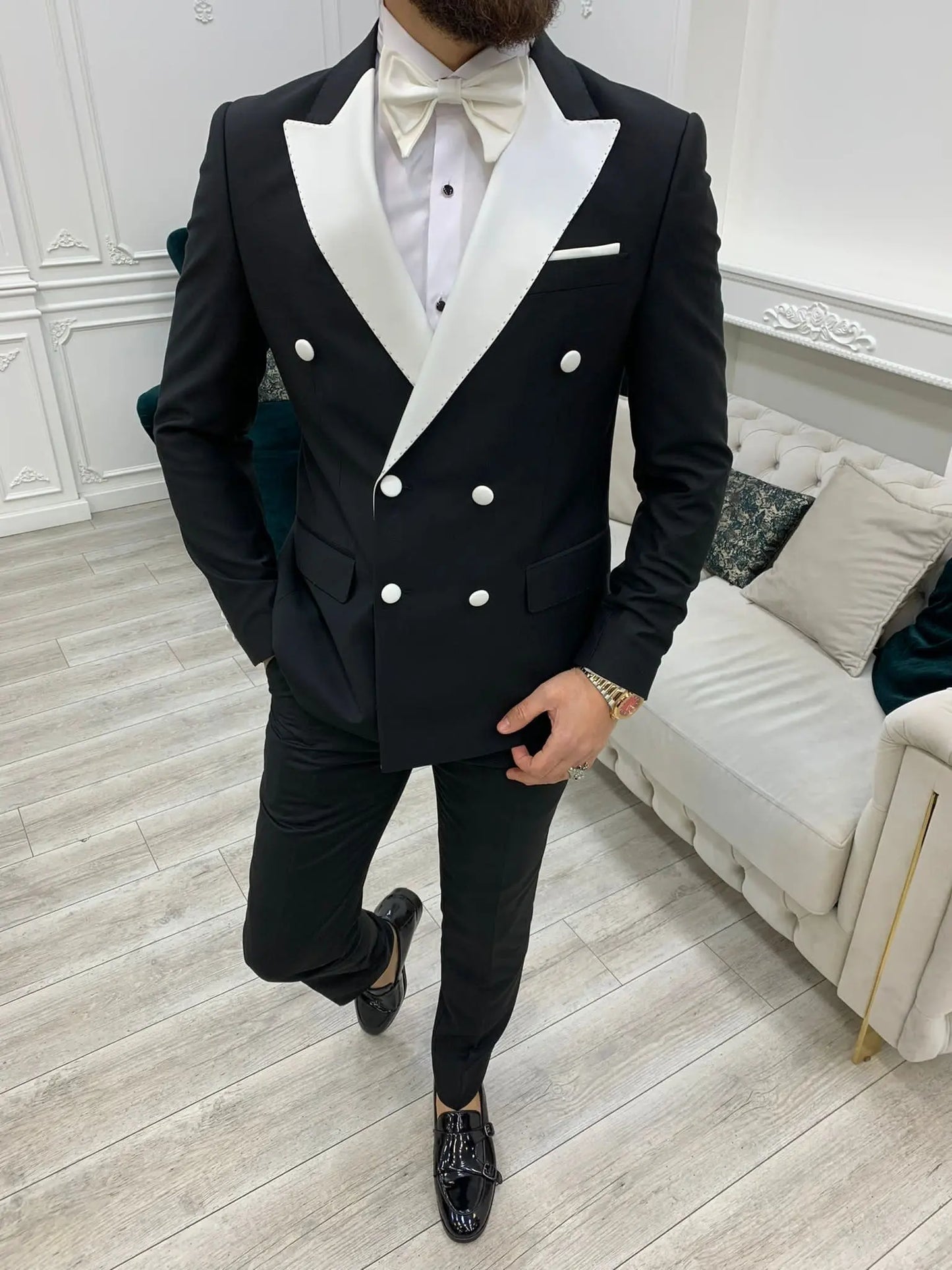 Paris White Black Slim Fit Double Breasted Tuxedo - BRABION