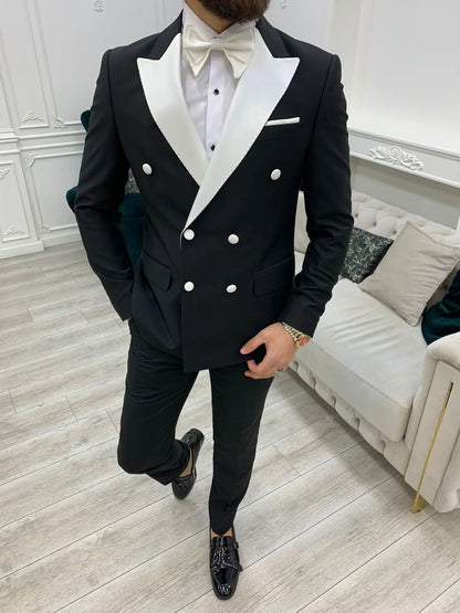 Paris White Black Slim Fit Double Breasted Tuxedo - BRABION