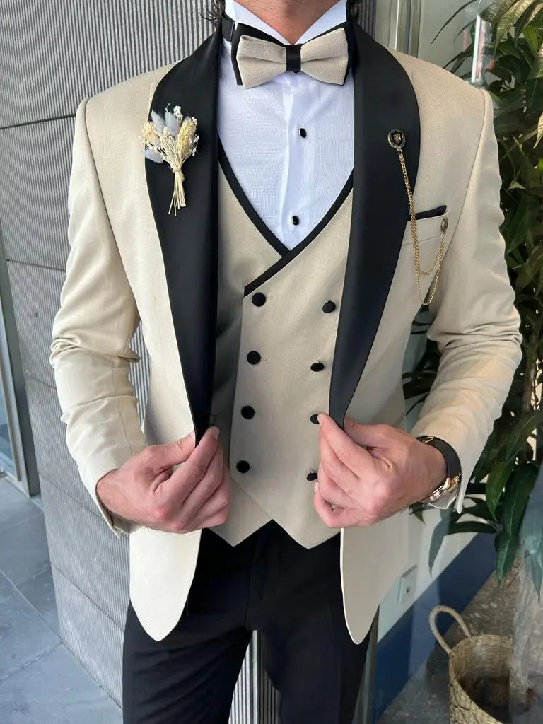 Bensen Slim Fit Mono Collared Beige Groom Suit - BRABION