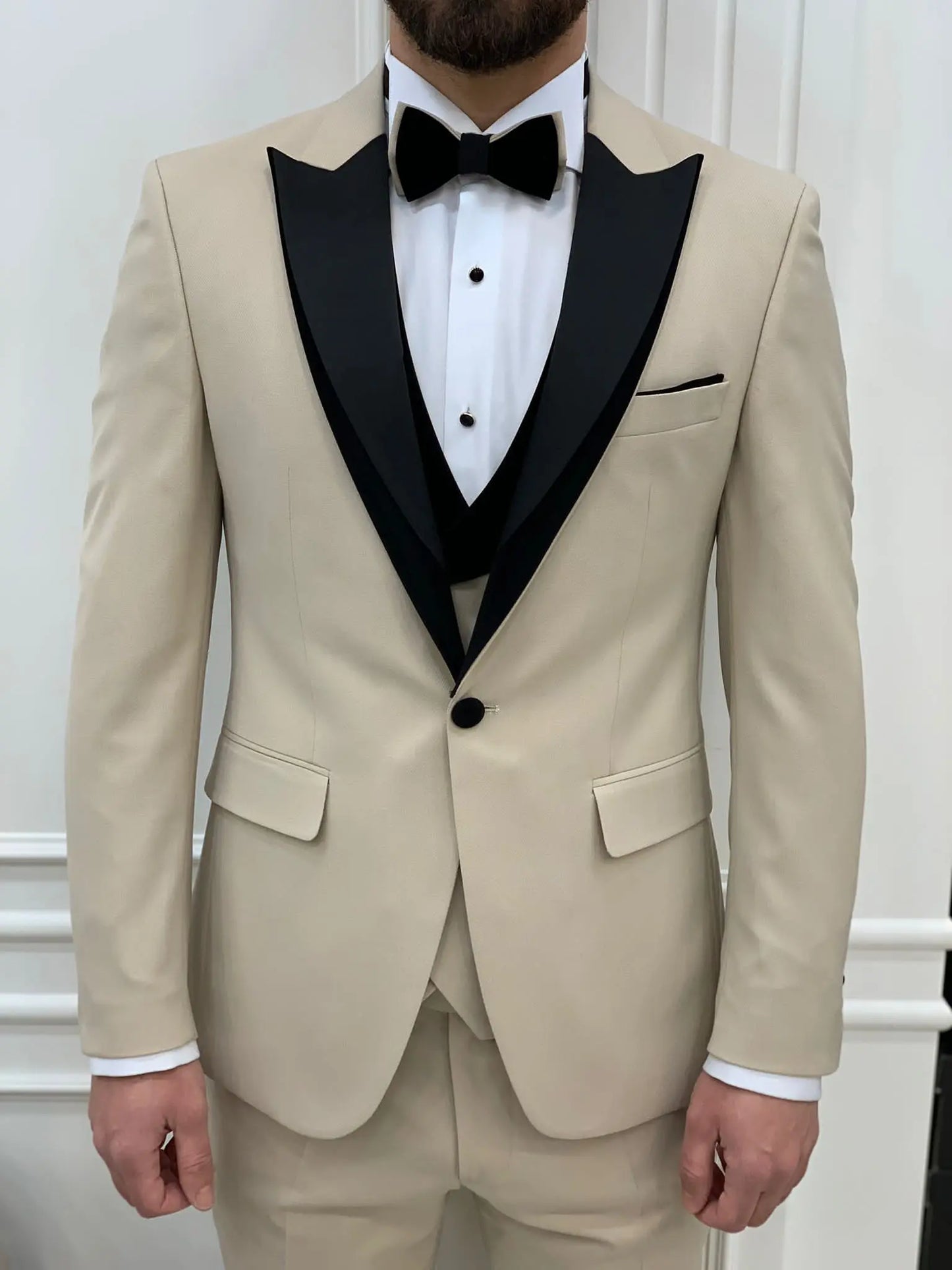 Marbel Beige Slim Fit Velvet Peak Lapel Tuxedo - BRABION