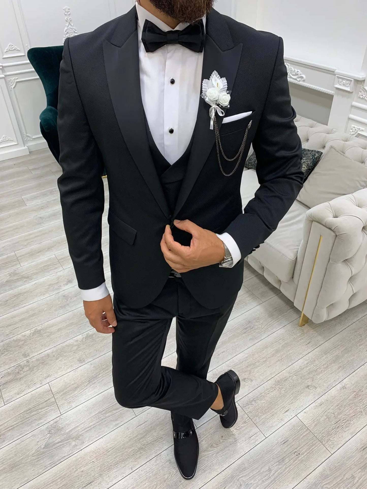 Bernard Black Slim Fit Peak Lapel Tuxedo - BRABION