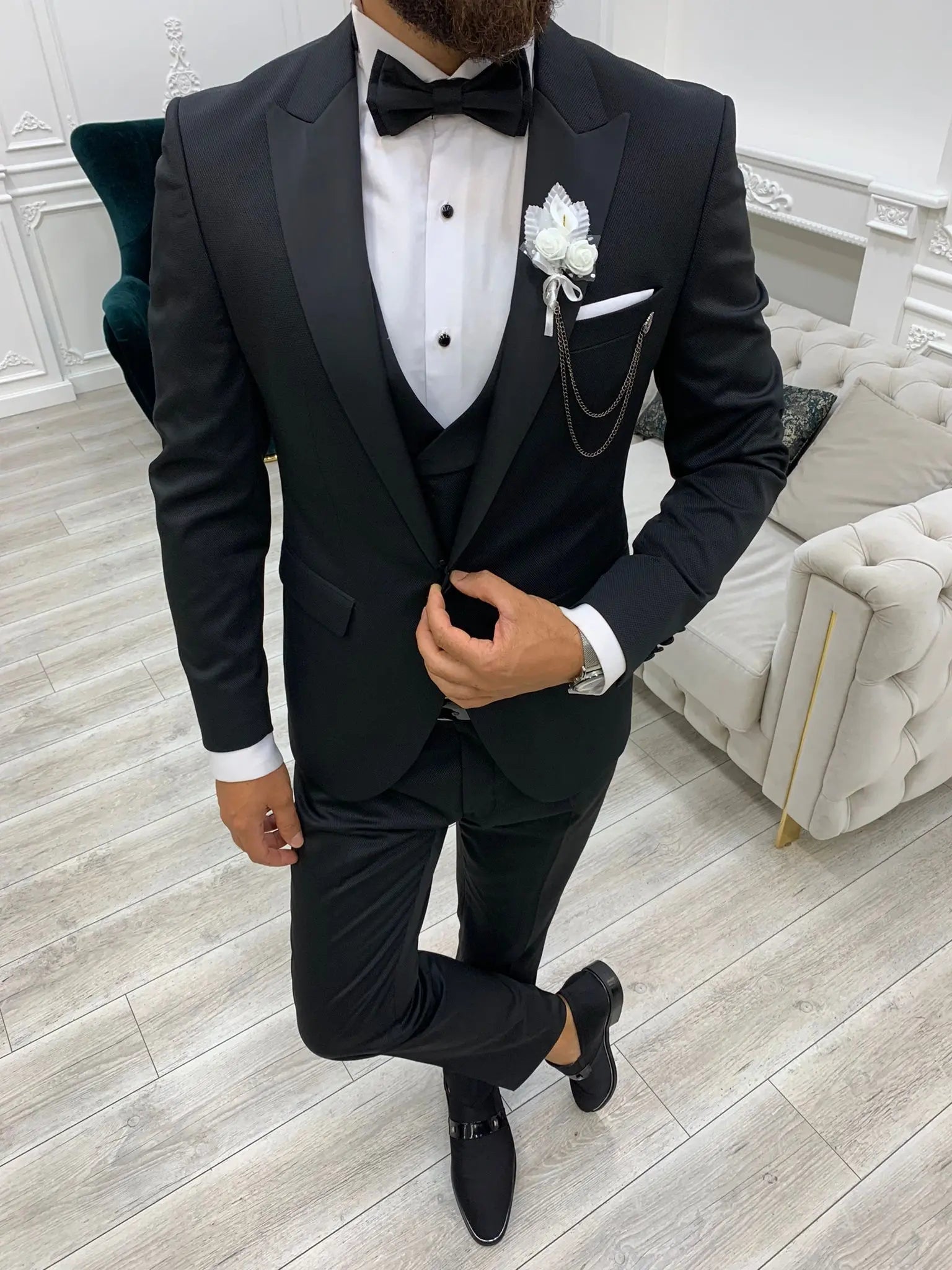 Bernard Black Slim Fit Peak Lapel Tuxedo - BRABION