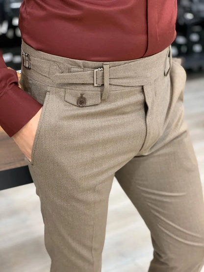 Jake Light Brown Pleated Buckled Slim Pants - BRABION