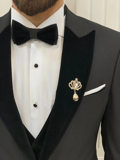 Eden Black Slim Fit Velvet Peak Lapel Tuxedo - BRABION