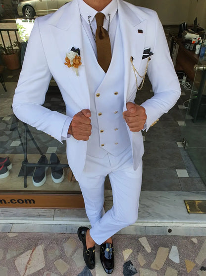 Boston White Slim Fit Peak Lapel Wool Suit for Modern Men BOJONI