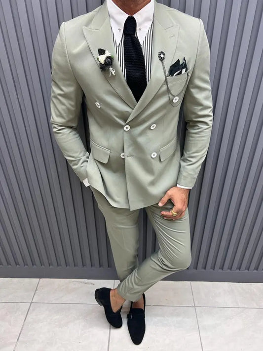 Sorento Mint Slim Fit Pinstripe Double Breasted Cotton Suit brabion