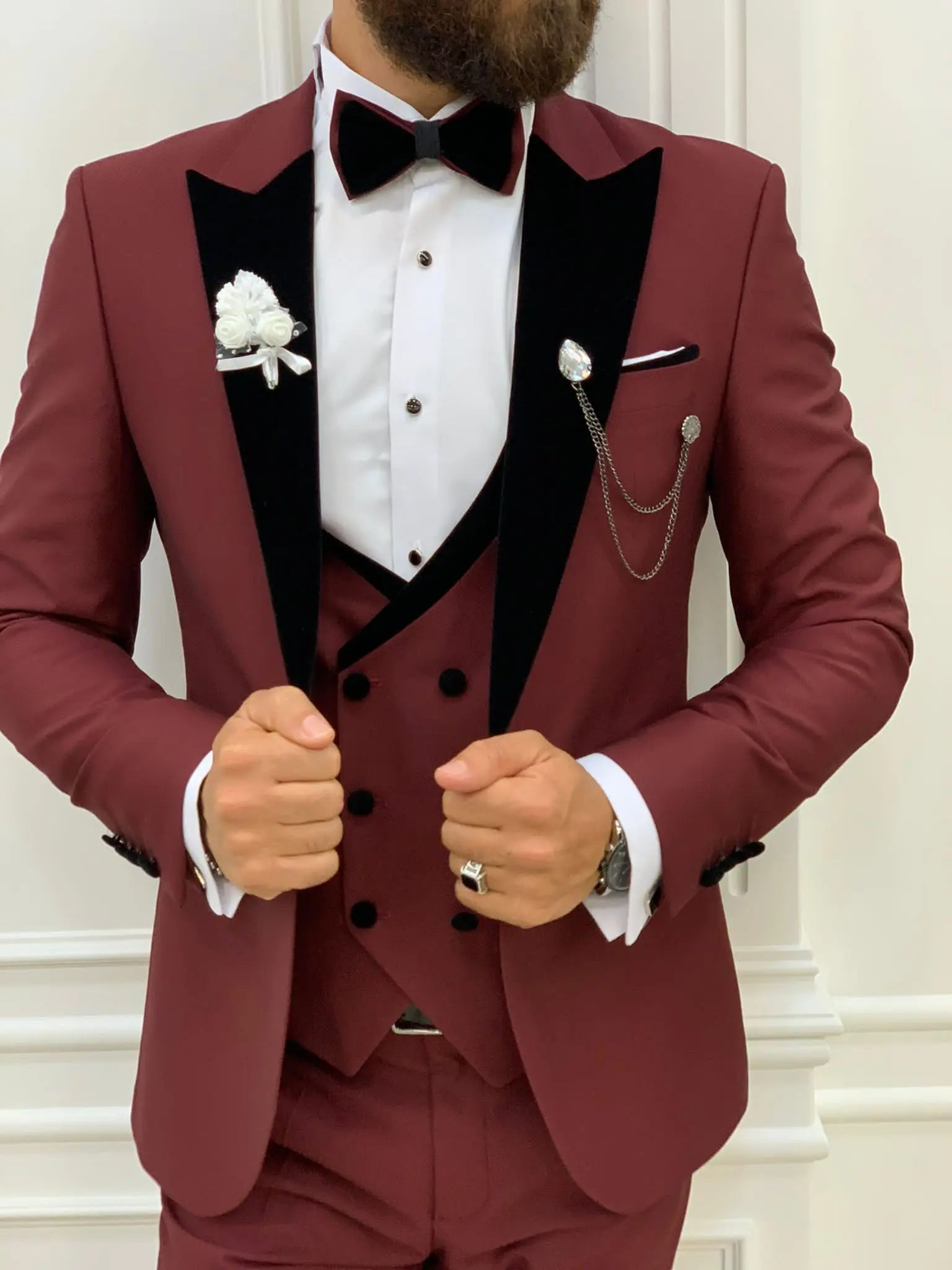 Acacia Burgundy Slim Fit Velvet Peak Lapel Tuxedo - BRABION