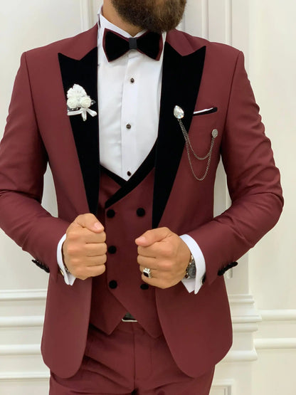 Acacia Burgundy Slim Fit Velvet Peak Lapel Tuxedo - BRABION