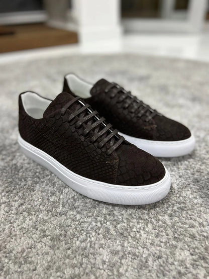 Lenzi Special Edition Suede Print Leather Brown Sneakers - BRABION