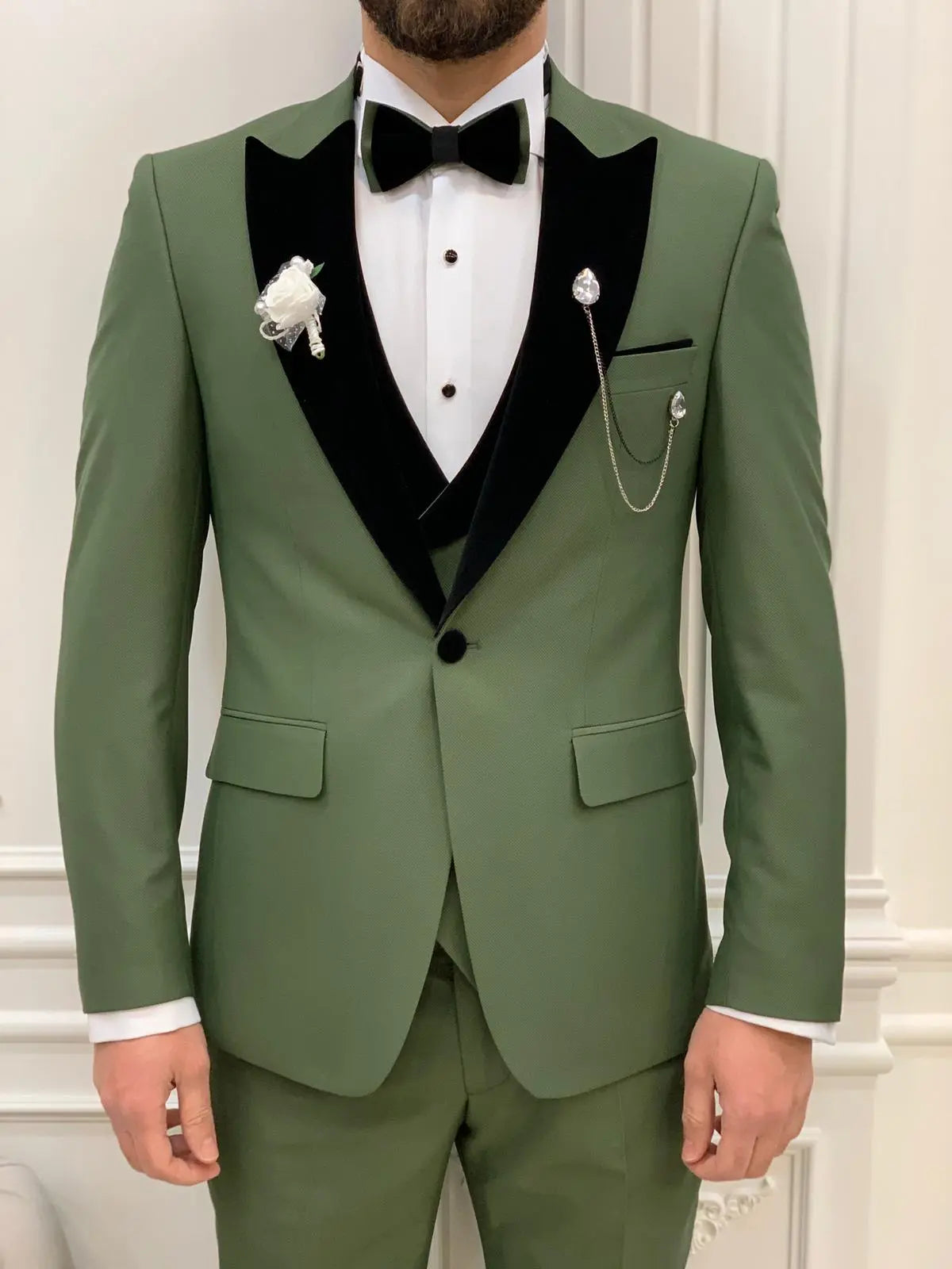 Eden Light Green Slim Fit Velvet Peak Lapel Tuxedo - BRABION