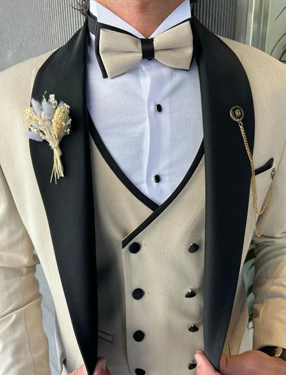 Bensen Slim Fit Mono Collared Beige Groom Suit - BRABION