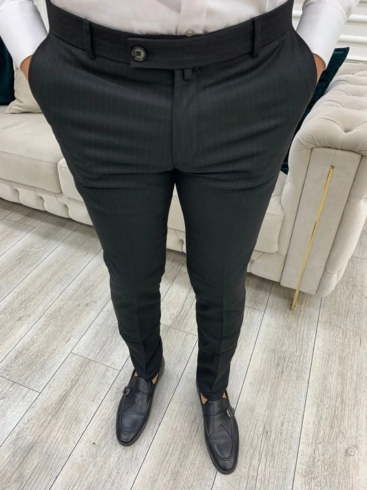 Black Striped Italian Style Slim Fit Trousers - BRABION
