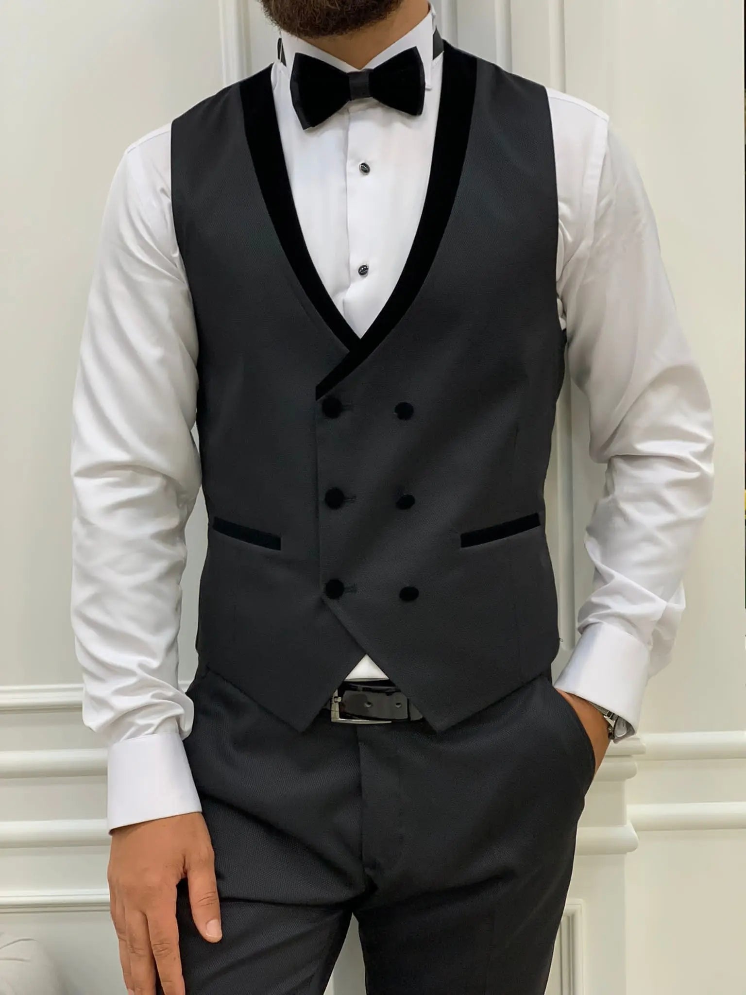 Infinite Black Slim Fit Velvet Shawl Lapel Tuxedo - BRABION