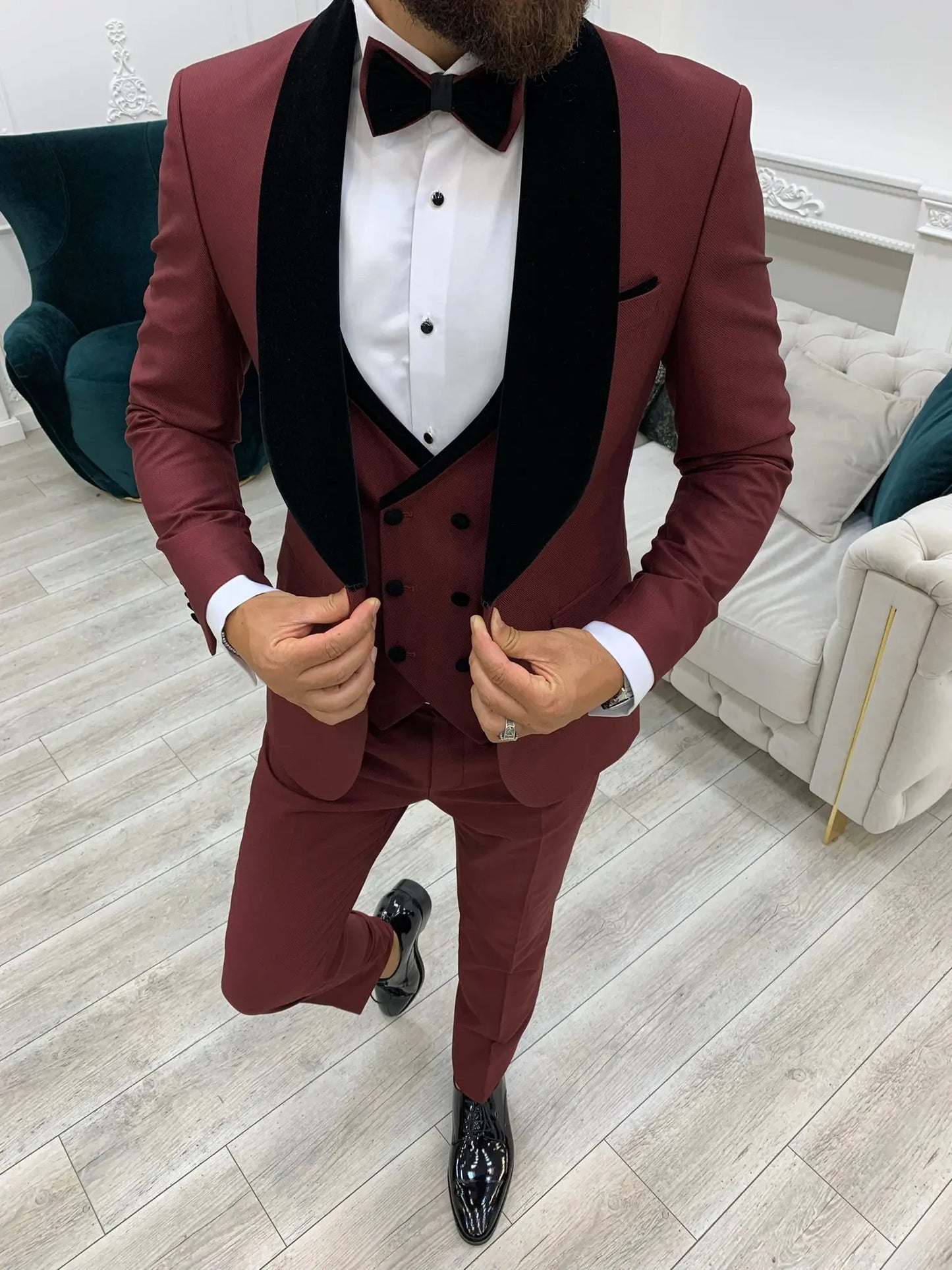 Lazio Burgundy Slim Fit Velvet Shawl Lapel Tuxedo - BRABION