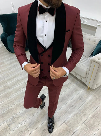 Lazio Burgundy Slim Fit Velvet Shawl Lapel Tuxedo - BRABION