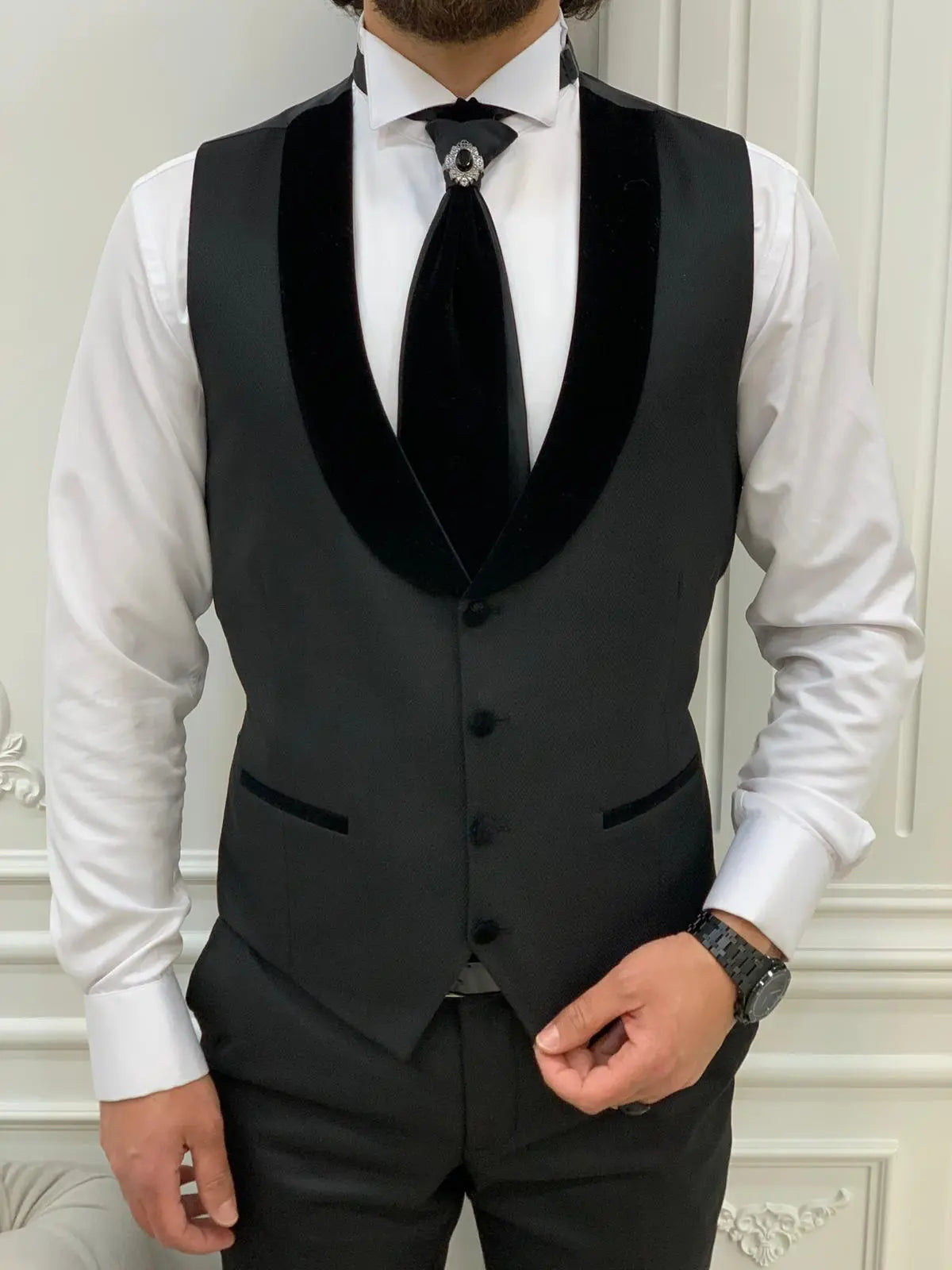 Forte Black Slim Fit Notch Lapel Wedding Suit - BRABION