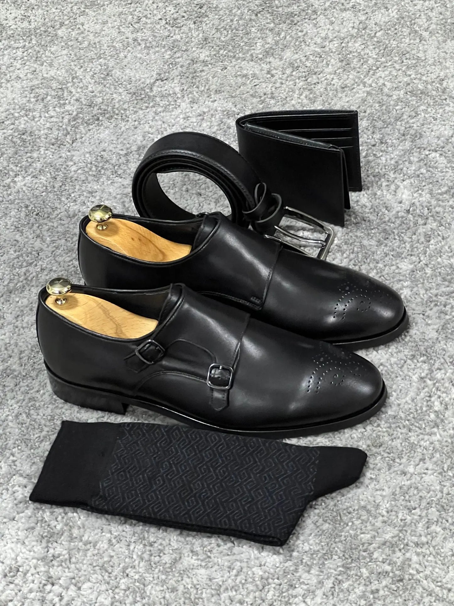 Lenzi Special Edition Neolite Sole Double Monk Stap Black Shoes - BRABION