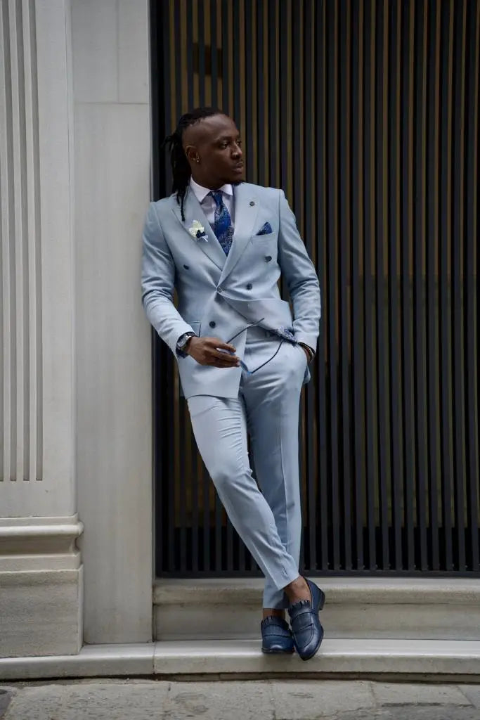 Sorento Sky Blue Slim Fit Double Breasted Linen Suit brabion