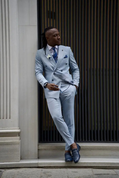 Sorento Sky Blue Slim Fit Double Breasted Linen Suit brabion
