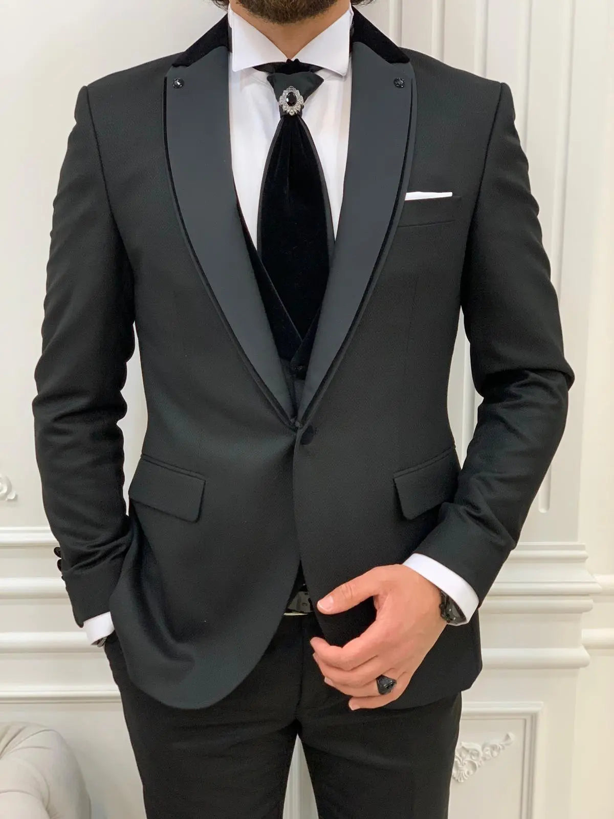 Forte Black Slim Fit Notch Lapel Wedding Suit - BRABION