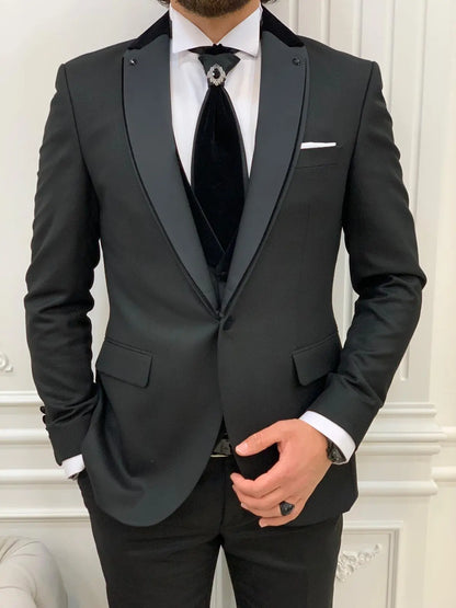 Forte Black Slim Fit Notch Lapel Wedding Suit - BRABION