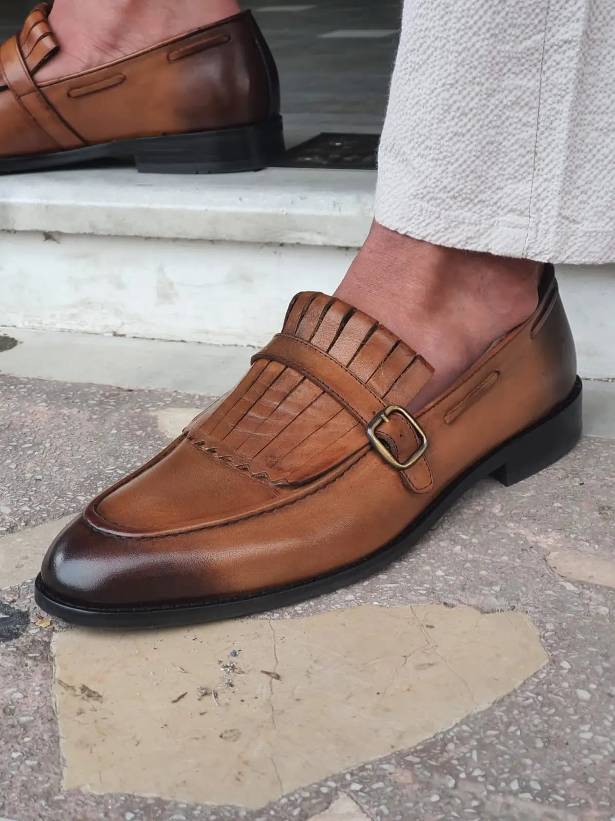 Bristol Tan Buckle Detailed Leather Loafers - BRABION