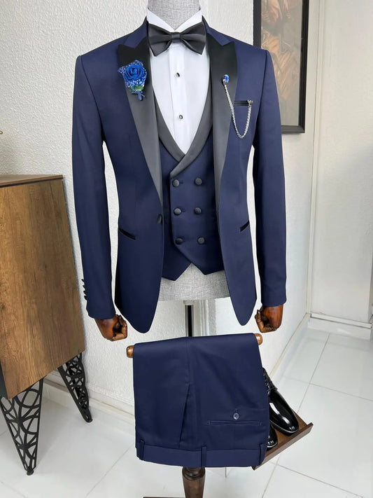 Bensen Slim Fit Patterned Navy Blue Dovetail Collared Tuxedo - BRABION